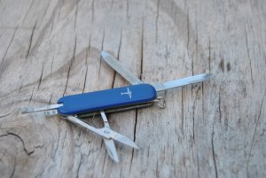 Victorinox Dornier Werke Germany Logo 58mm Blue Six Functions Used All Blades Snap Silver 