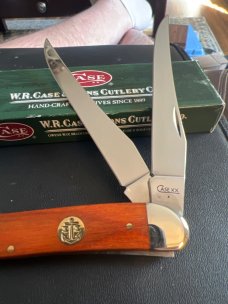 2008 Case XX USA 720098 SS Beautiful Large Chestnut Wood Handle With Navy Sheild And Two Blades NIB