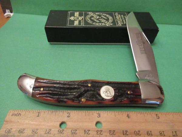 Queen Cutlery Amber Carved Bone Stag Large Folding Hunter Pattern # 44 Queen Cutlery Amber Carved Bone Stag Large Folding Hunter Pattern # 44
