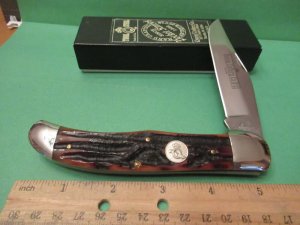 Queen Cutlery Amber Carved Bone Stag Large Folding Hunter Pattern # 44
