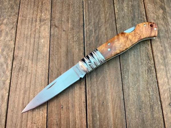 A.G. Russell Seki Japan Made Lockback Quince Burlwood ATS-34 Stainless Early 2000’s 