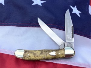 Bulldog Brand 2 Blade Copperhead Knife w/ Gold Dust Handles +Heart Shield & Rabbit Hound Blade Etch