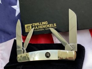 J A Henckels Congress Knife w/ Beauty Mother of Pearl Handles - NOS in Orig Box +leather pouch & COA