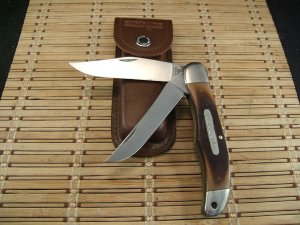SCHRADE OLD TIMER 25OT FOLDING HUNTER U.S.A. HIGH CARBON STEEL DOUBLE BLADE FOLDING KNIFE & SHEATH