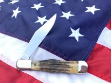 Vintage Ka-Bar 5 1/2” Folding Hunter Knife w/ Great Stag Handles -NOS & NM