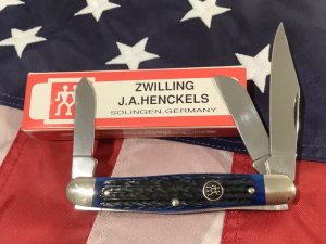 Vintage J A Henckels 3 Blade Stockman Pocket Knife with Blue Handles & Black Shield -NOS