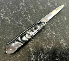 Chad Ruben Customized 4.5 Inch "MANIAGO ITALY' Switchblade, Black Pearl Kirinite Handle, Unused Chad Ruben Customized 4.5 Inch "MANIAGO ITALY' Switchblade, Black Pearl Kirinite Handle, Unused