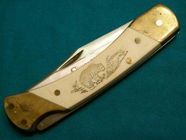 VINTAGE SCHRADE SCRIMSHAW USA SC507 FOLDING HUNTER POCKET KNIFE KNIVES BEAR FISHING OLD