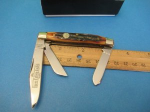 Queen Cutlery Titusville Pa. Amber Carved Stag Bone Stockman Pattern # 26 ACSB