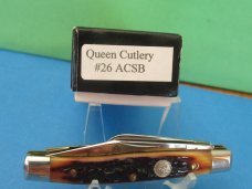 Queen Cutlery Titusville Pa. Amber Carved Stag Bone Stockman Pattern # 26 ACSB Queen Cutlery Titusville Pa. Amber Carved Stag Bone Stockman Pattern # 26 ACSB