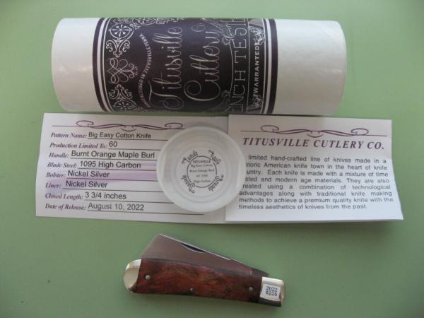 DANIELS FAMILY KNIFE BRANDS-TITUSVILLE CUTLERY-BIG EASY COTTON KNIFE-BURNT ORANGE MAPLE BURL DANIELS FAMILY KNIFE BRANDS-TITUSVILLE CUTLERY-BIG EASY COTTON KNIFE-BURNT ORANGE MAPLE BURL