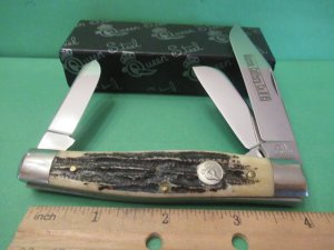 Queen Cutlery Titusville PA. Carved Stag Bone Large Stockman Pattern # 49