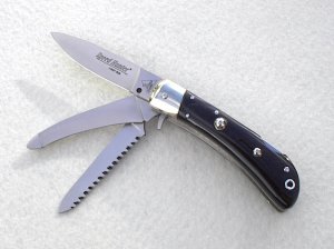 NOS CLASSIC (( FIRST RUN )) ITALIAN AKC AUTO SPEED HUNTER 3 BLADE BRAZILIAN HORN W/ ORIGINAL SHEATH