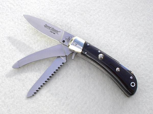 NOS CLASSIC (( FIRST RUN )) ITALIAN AKC AUTO SPEED HUNTER 3 BLADE BRAZILIAN HORN W/ ORIGINAL SHEATH