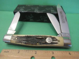 Queen Cutlery Titusville PA. Carved Stag Bone Large Stockman Pattern # 49
