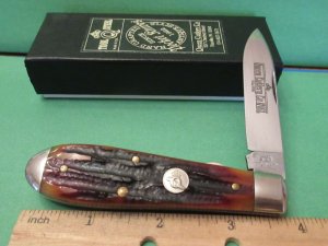 Queen Cutlery Amber Carved Stag Bone Tear Drop Liner Lock Model # 06LACSB