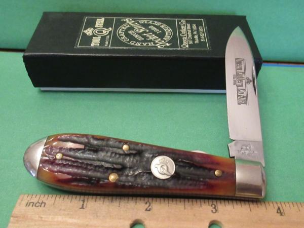 Queen Cutlery Amber Carved Stag Bone Tear Drop Liner Lock Model # 06LACSB Queen Cutlery Amber Carved Stag Bone Tear Drop Liner Lock Model # 06LACSB