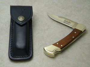 Buck 110 USA "Cabela's Pro-Gold Hunter Wood Folding Lockback Knife & Pouch c.2000