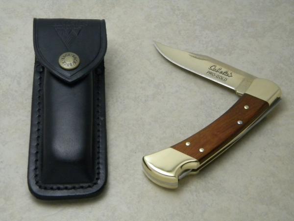 Buck 110 USA "Cabela's Pro-Gold Hunter Wood Folding Lockback Knife & Pouch c.2000