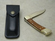 Buck 110 USA "Cabela's Pro-Gold Hunter Wood Folding Lockback Knife & Pouch c.2000