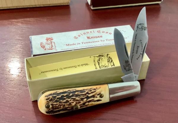 Orig Colonel Coon 2 Blade Barlow w/ Great Stag Handles & colonel coon blade etch & Orig Box