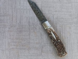 Ishikawa Tailored Knives Stag and Damascus Native Slipjoint...4" closed..3" blade..Coa and pouch