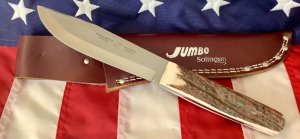 Weidmannsheil Fixed Blade Hunter w Antler Slab Handles +Orig Sheath Marked Jumbo Solingen -NOS