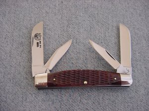 Vintage QUEEN(Crown), Large 4", 4-Blade, Etched, Jigged Bone Handle Congress Pattern Pocket Knife