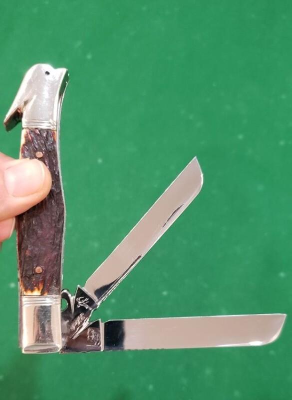4 5/8" Big Custom Hand Made Bird's Head Bolster Trapper/Premium Stag Handles and File Work 4 5/8" Big Custom Hand Made Bird's Head Bolster Trapper/Premium Stag Handles and File Work