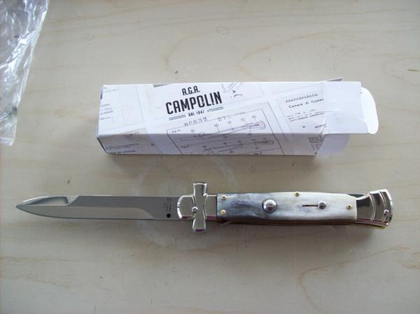 A. G. A. Campolin Lever Maltese Cross Large 9 Incher Bayonet Lockback W/Brazilian Horn Handles NIB A. G. A. Campolin Lever Maltese Cross Large 9 Incher Bayonet Lockback W/Brazilian Horn Handles NIB