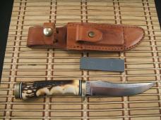 SCHRADE UNCLE HENRY 153UH GOLDEN SPIKE USA UNUSED OLDER HIGH CARBON STEEL KNIFE, SHEATH, STONE & BOX
