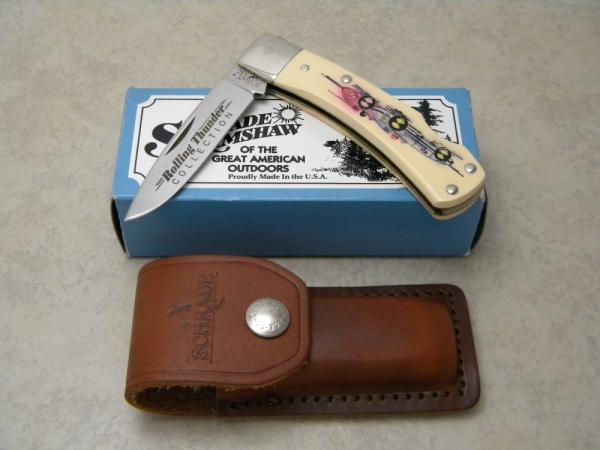 Schrade + USA SC515 Scrimshaw Rolling Thunder Collection Lockback Knife & Pouch in Box Schrade + USA SC515 Scrimshaw Rolling Thunder Collection Lockback Knife & Pouch in Box