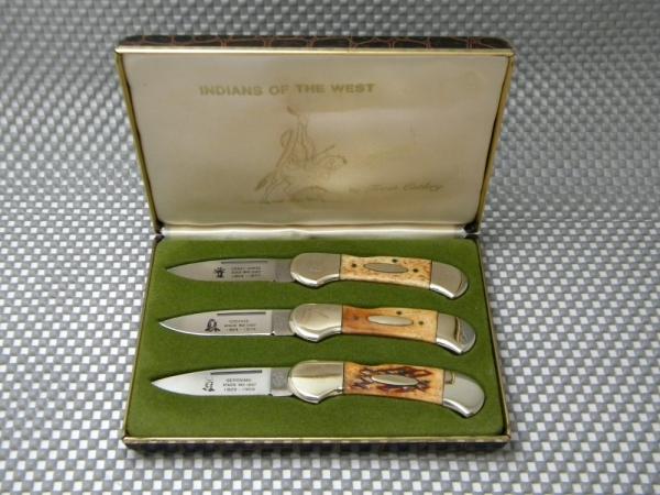 Frost Cutlery Surgical Steel Japan Indians of the West Lockback 3 Knife Set in Box