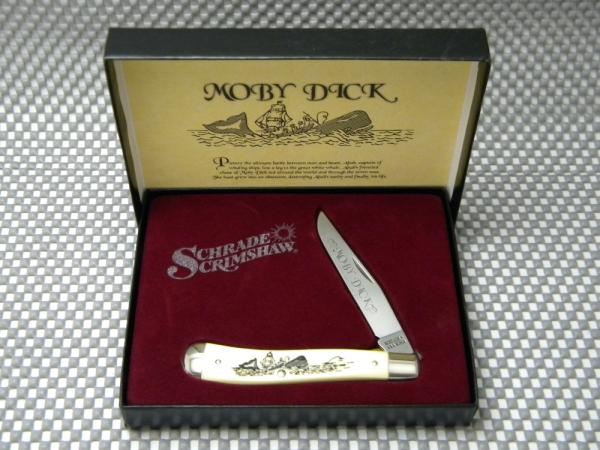 Schrade + USA SC503 Moby Dick Scrimshawed Slimline Trapper Linerlock Knife in Box Schrade + USA SC503 Moby Dick Scrimshawed Slimline Trapper Linerlock Knife in Box