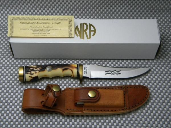 Uncle Henry Schrade + USA 153UH Staglon Friends of NRA Golden Spike Fixed Blade Sheath Knife in Box Uncle Henry Schrade + USA 153UH Staglon Friends of NRA Golden Spike Fixed Blade Sheath Knife in Box