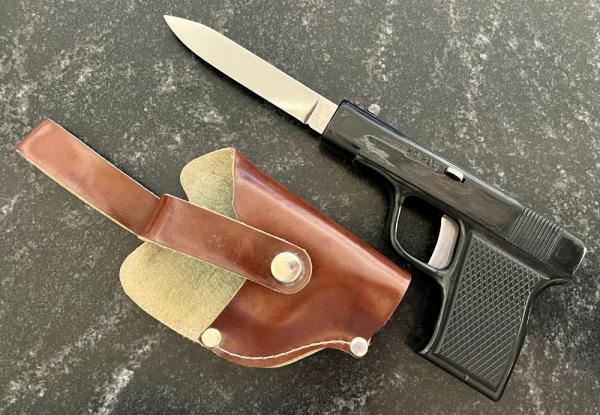 Rare Vintage Pistol Out The Front (OTF) Switchblade Knife, From Spain With Original Holster Sheath 