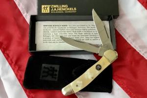 J A Henckels Copperhead Pocket Knife w/ Buffalo Horn Handles +Pouch, COA & Hard Box -NOS
