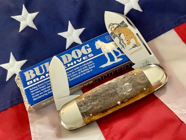 1995 Bulldog Brand HAND MADE Elephant Toe w/ Leopard Blade Etch +Bone Handles -NOS