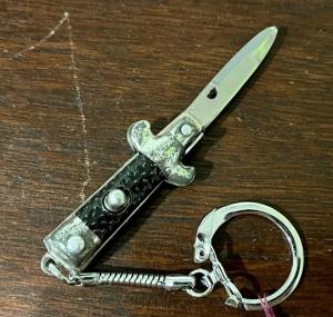 Miniature Switchblade Knife, Marked "HONG KONG", Black Checkered Handle, W/ Keychain, Unused