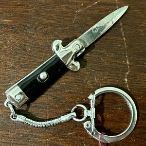 Miniature Switchblade Knife, Marked "STAINLESS STEEL" & "HONG KONG", Black Wrap, W/ Keychain, Unused