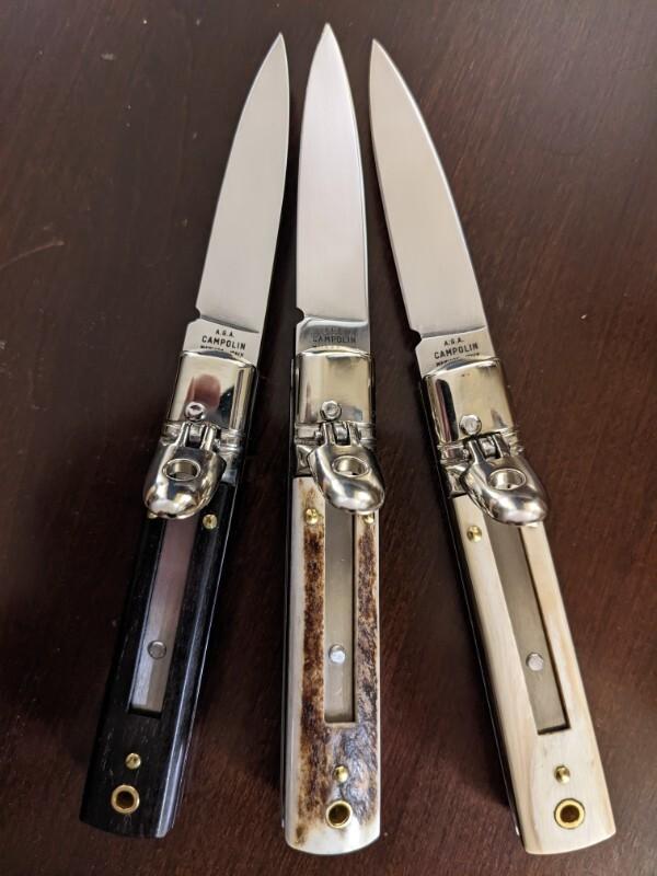 AGA CAMPOLIN SLIM LEVERLOCK 15CM 6" TRIO...STAG, BRAZILIAN HORN, EBONY WOOD AGA CAMPOLIN SLIM LEVERLOCK 15CM 6" TRIO...STAG, BRAZILIAN HORN, EBONY WOOD