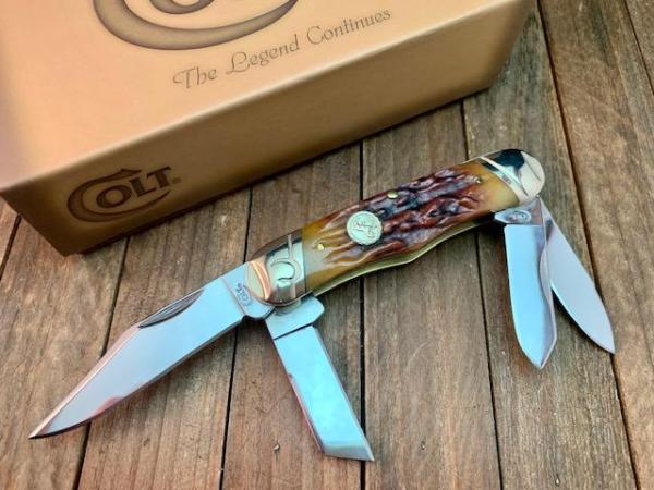 Colt Rail Splitter Amber Carved Stag Bone Discontinued 
