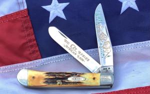 Case XX 1989, 2 Blade Trapper w/ African Lion Blade Etch, Great Deer Stag Handles & Scrolled Bolster