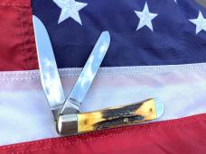 Case XX 1989, 2 Blade Trapper w/ African Lion Blade Etch, Great Deer Stag Handles & Scrolled Bolster