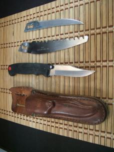 KERSHAW KAI JAPAN GOOD USED 3 BLADE VINTAGE INTERCHANGEABLE KNIFE BLADE SET WITH LEATHER BELT SHEATH