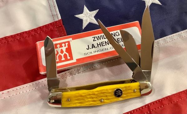 Vintage J A Henckels 4 Blade Stockman (HK-25-YP) with Yellow Handles & Black Shield -NOS