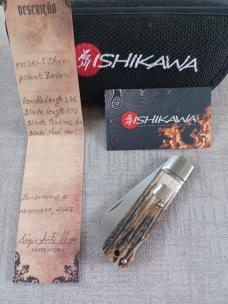 Ishikawa Tailored Knives Stag  Sheepsfoot Barlow Lockback..440C...4" closed..3" blade..Coa and pouch