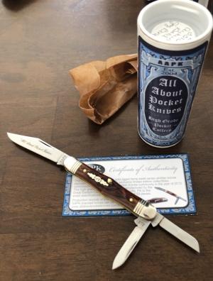 2013 AAPK Club Knife - 3 3/8" Swell Center Whittler - Autumn Gold Jigged Bone- 1095 Steel Blades