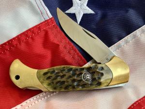 Vintage J A Henckels 4" Folding Lock Back Hunting/Hunter Knife with Green Pick Bone Handles - NOS