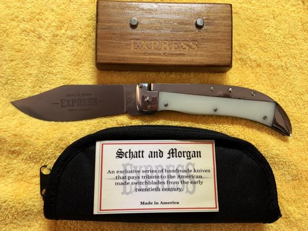 Schatt and Morgan Express #71 Clasp Knife, Moon Glow Micarta and Stand. REDUCED PRICE $380 Schatt and Morgan Express #71 Clasp Knife, Moon Glow Micarta and Stand. REDUCED PRICE $380